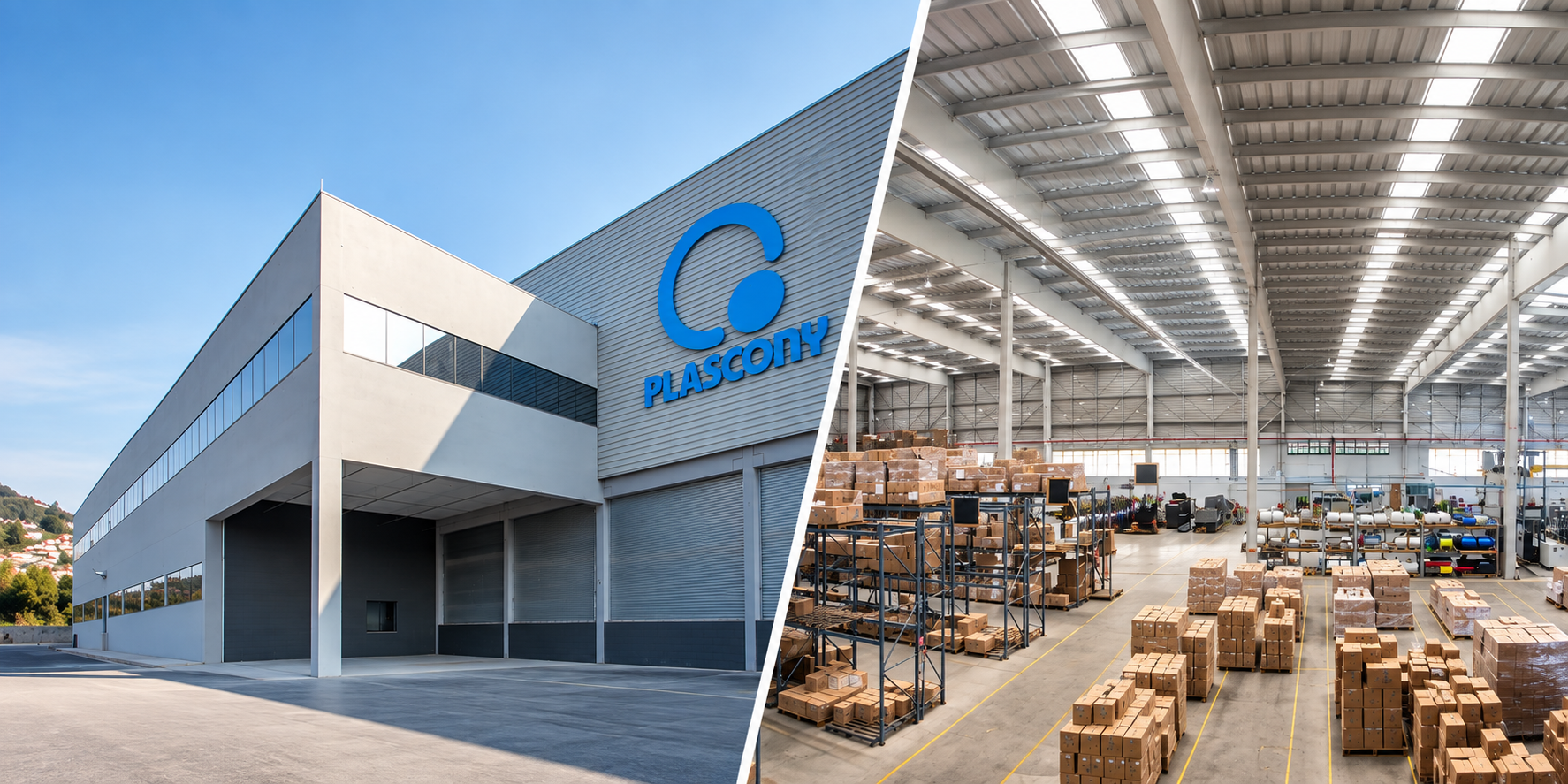 Fachada da fábrica Plascony e vista interna da área de produção